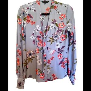 Express Dusty Blue Floral Tie Neck blouse